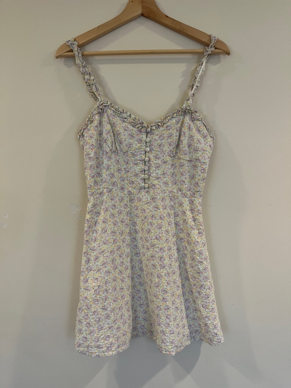 Zara Pastel Floral Ruffle-Neck Mini Dress in Lavender, Yellow & Mint Size S